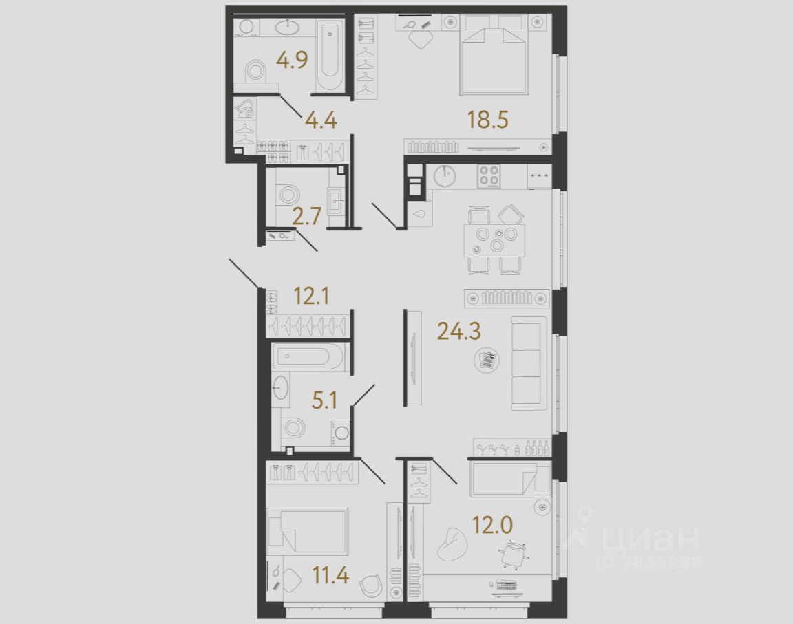 3-комн.кв., 95,4 м², 2/9 этаж