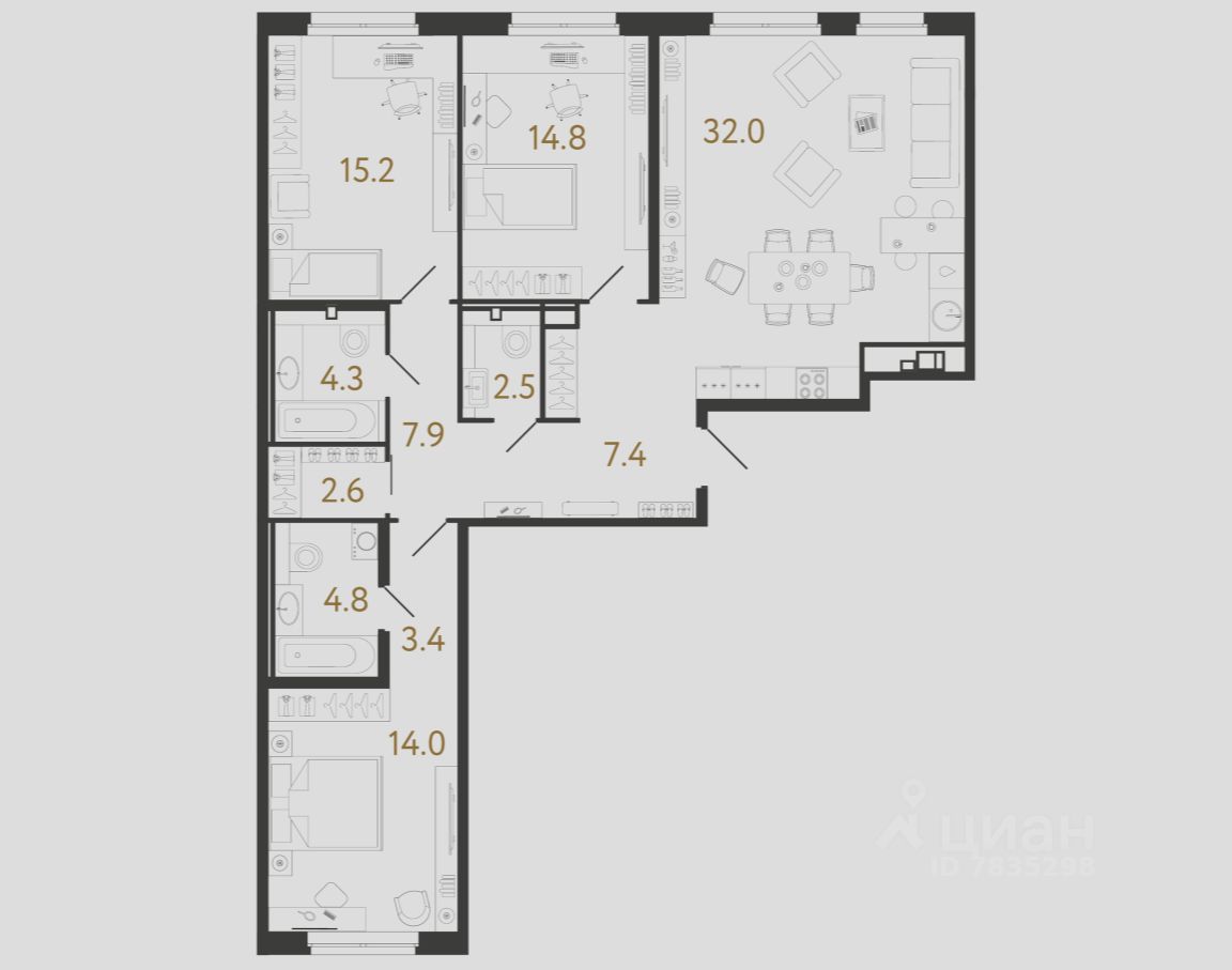 3-комн.кв., 108,9 м², 2/9 этаж