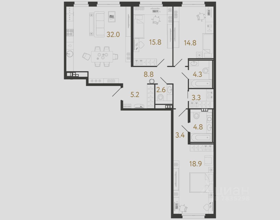 3-комн.кв., 113,9 м², 4/9 этаж