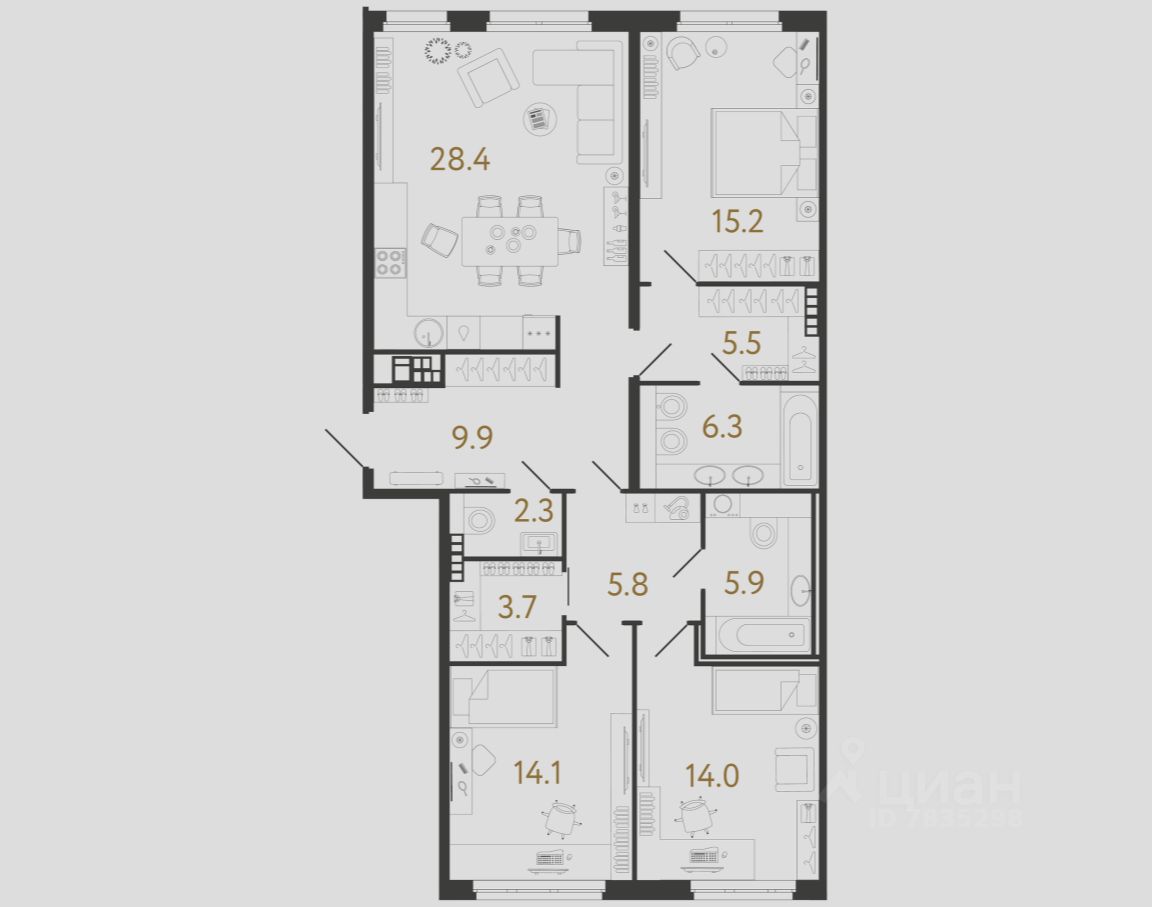 3-комн.кв., 111,1 м², 6/9 этаж