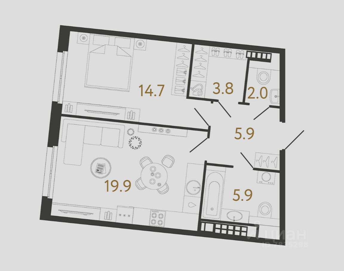 1-комн.кв., 52,2 м², 5/9 этаж