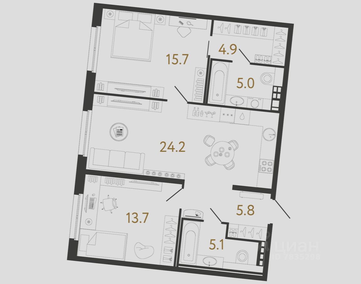 2-комн.кв., 74,4 м², 3/9 этаж