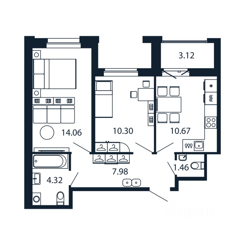 2-комн.кв., 48,3 м², 12/12 этаж