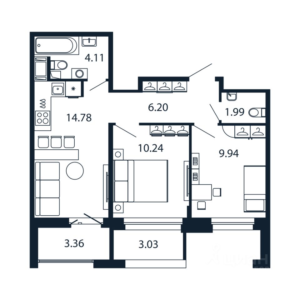 2-комн.кв., 46,9 м², 11/12 этаж