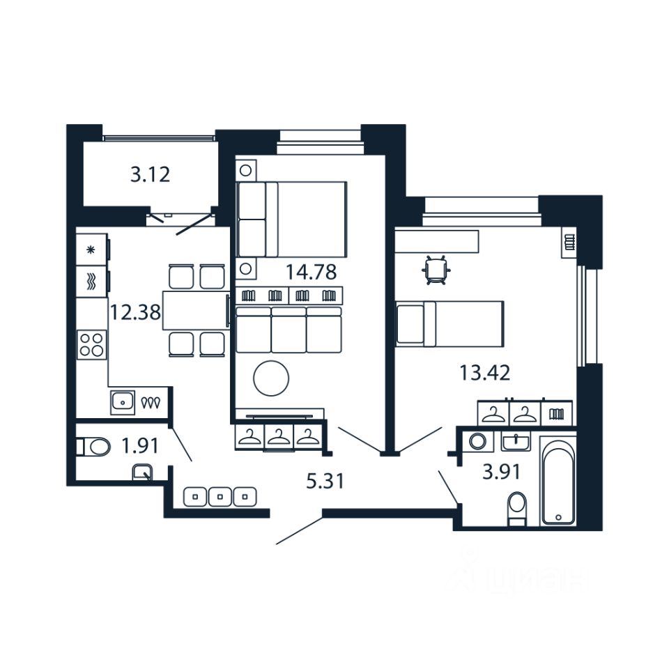 2-комн.кв., 51,4 м², 12/12 этаж