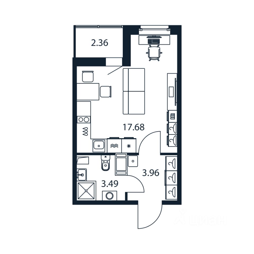 Студия, 24,7 м², 5/12 этаж