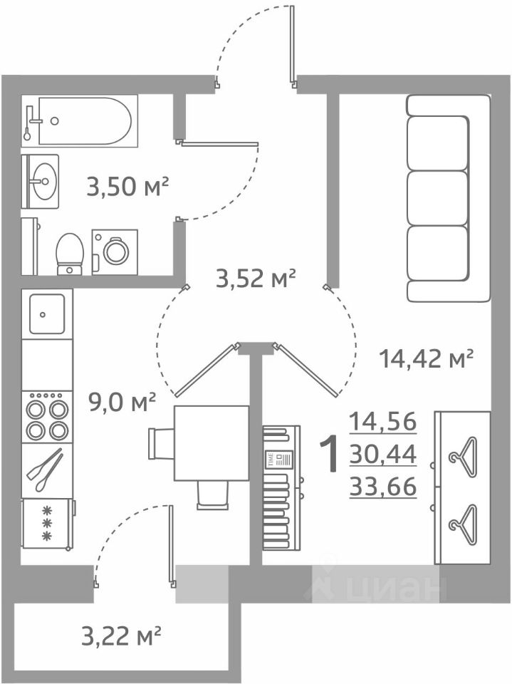 Планировка этой квартиры по данным Циан