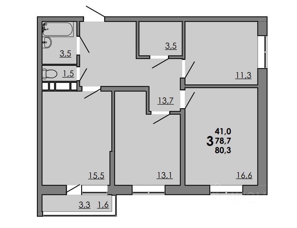 3-комн.кв., 80,3 м², 13/16 этаж