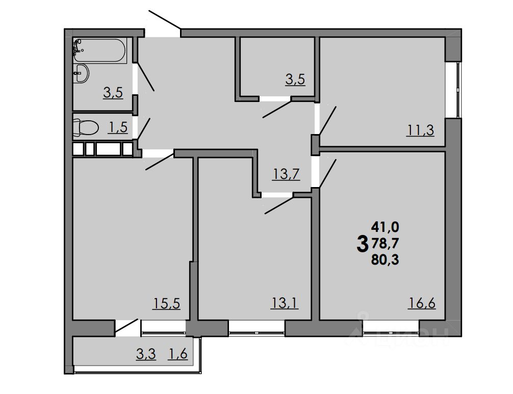 3-комн.кв., 80,3 м², 7/16 этаж