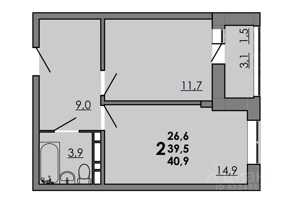 2-комн.кв., 40,9 м², 3/16 этаж