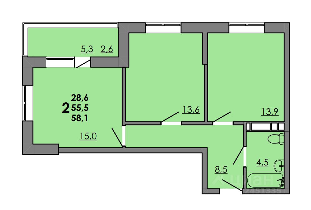2-комн.кв., 58,1 м², 9/16 этаж