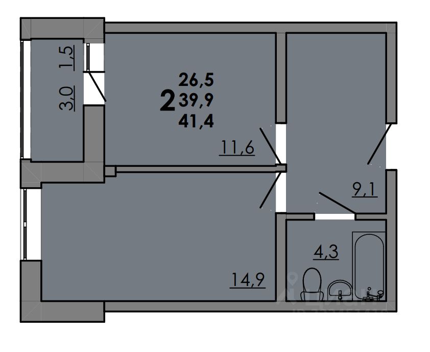 2-комн.кв., 41,4 м², 2/16 этаж