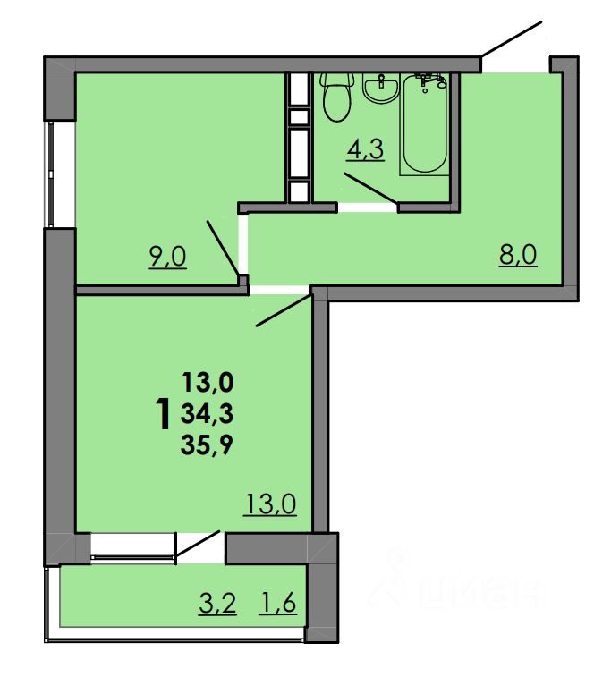 1-комн.кв., 35,9 м², 6/16 этаж