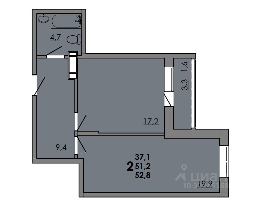 2-комн.кв., 52,8 м², 16/16 этаж