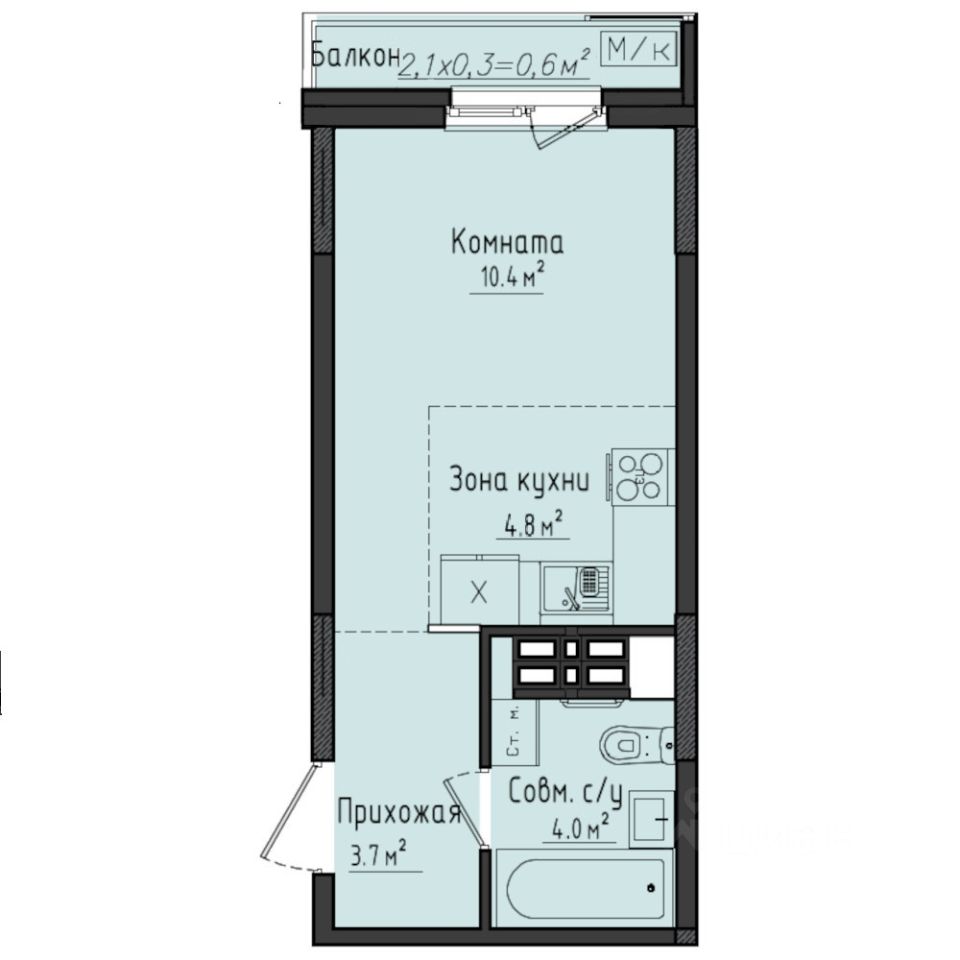 Студия, 23,7 м², 3/10 этаж