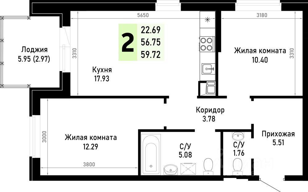 2-комн.кв., 59,7 м², 2/4 этаж