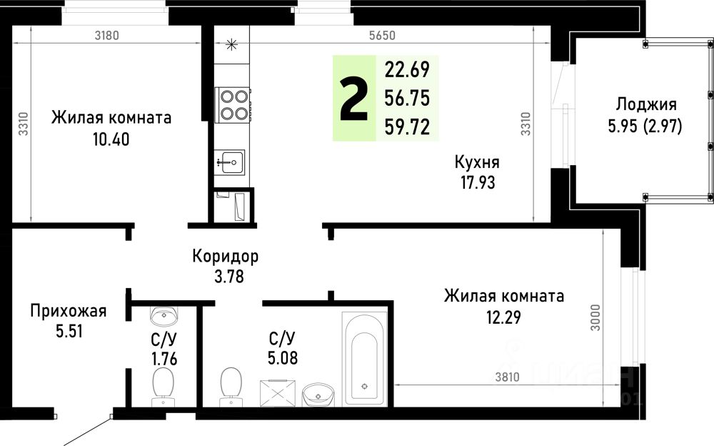2-комн.кв., 59,7 м², 1/4 этаж