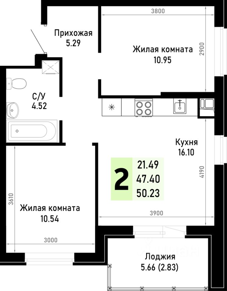 2-комн.кв., 50,2 м², 3/4 этаж