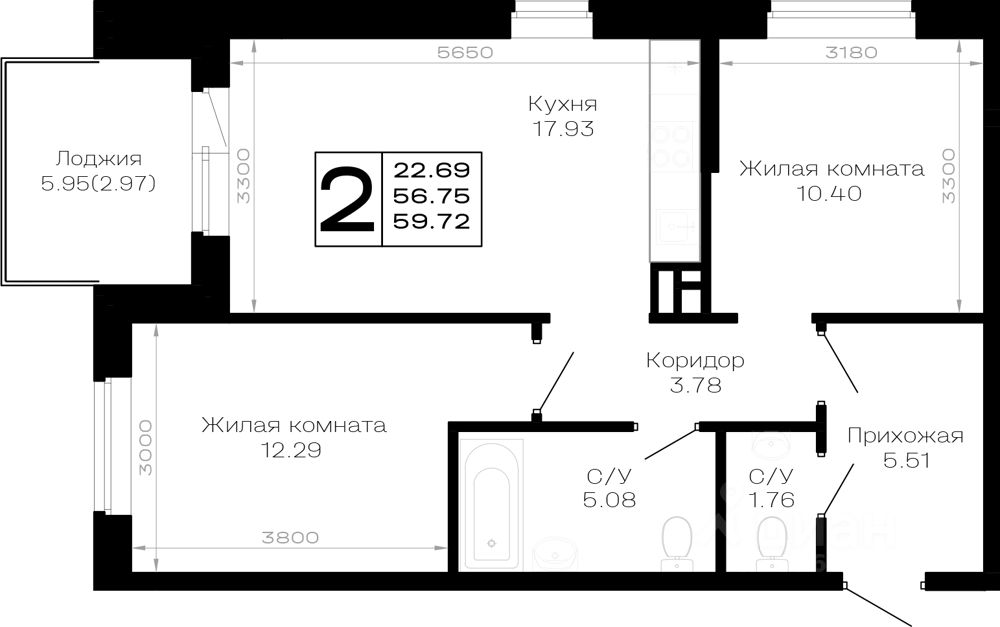 2-комн.кв., 59,7 м², 1/4 этаж