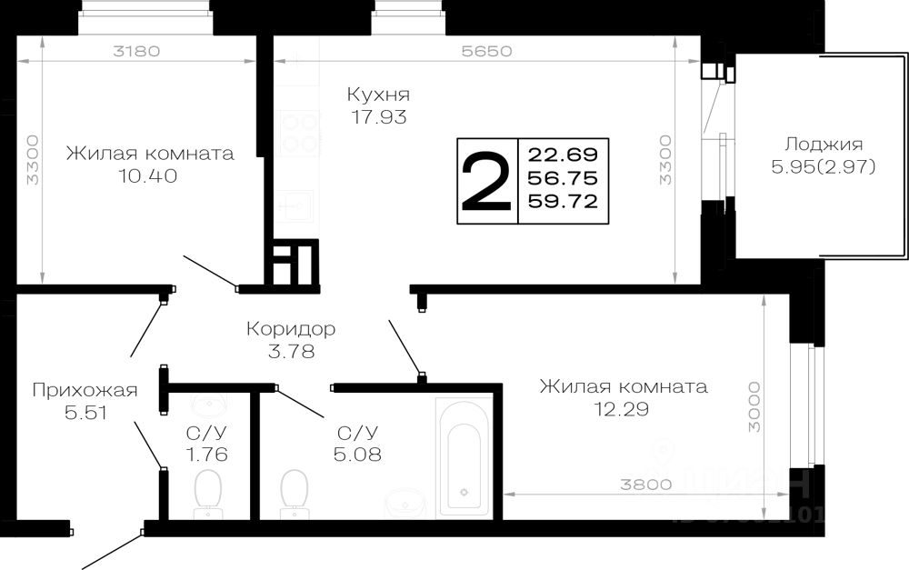 2-комн.кв., 59,7 м², 3/4 этаж