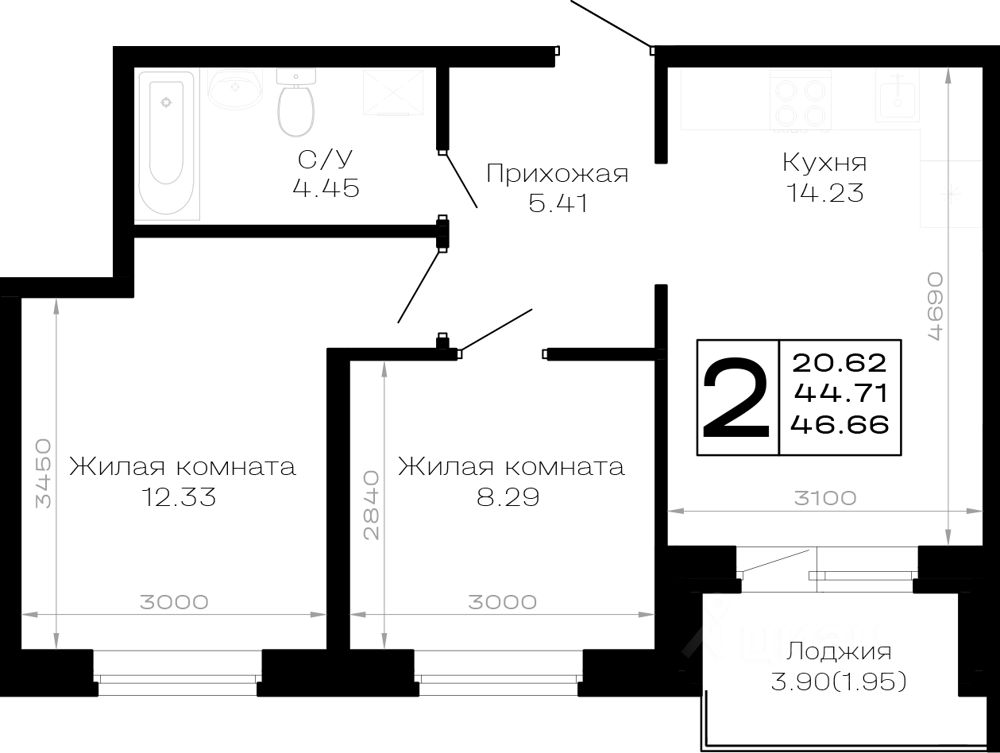2-комн.кв., 46,7 м², 1/4 этаж