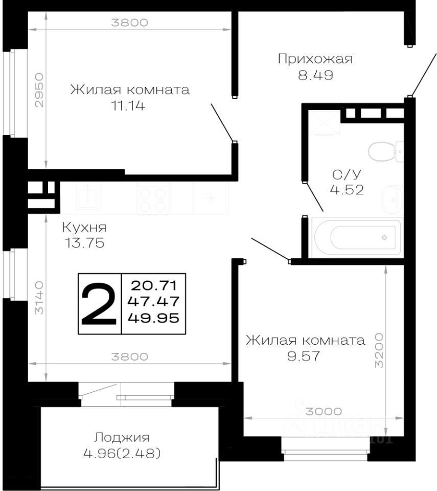 2-комн.кв., 50 м², 1/4 этаж