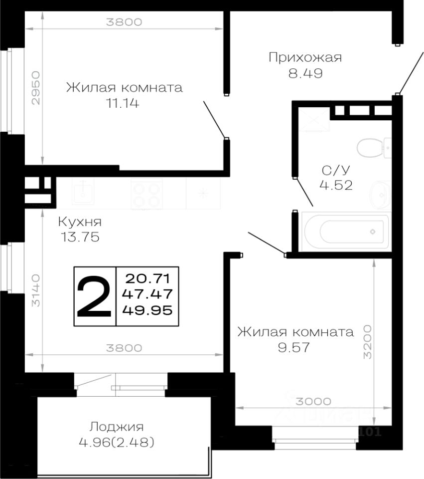 2-комн.кв., 50 м², 3/4 этаж