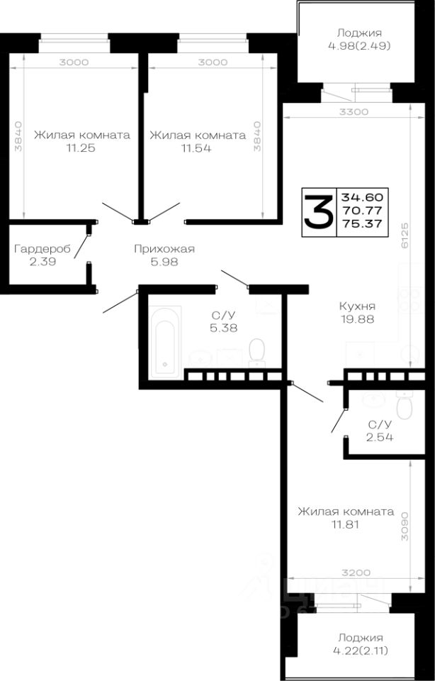 3-комн.кв., 75,4 м², 4/4 этаж