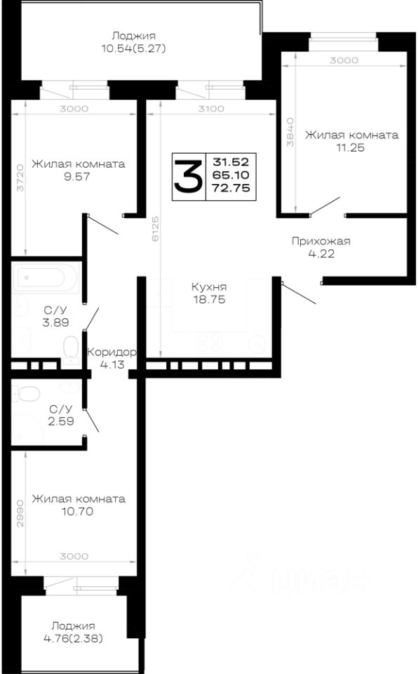3-комн.кв., 72,8 м², 1/4 этаж