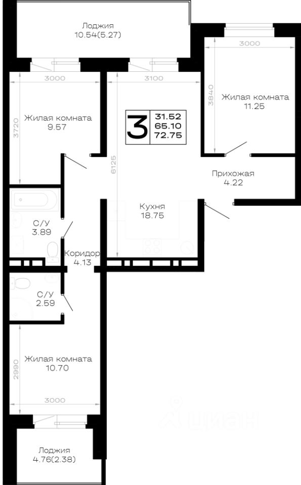 3-комн.кв., 72,8 м², 2/4 этаж