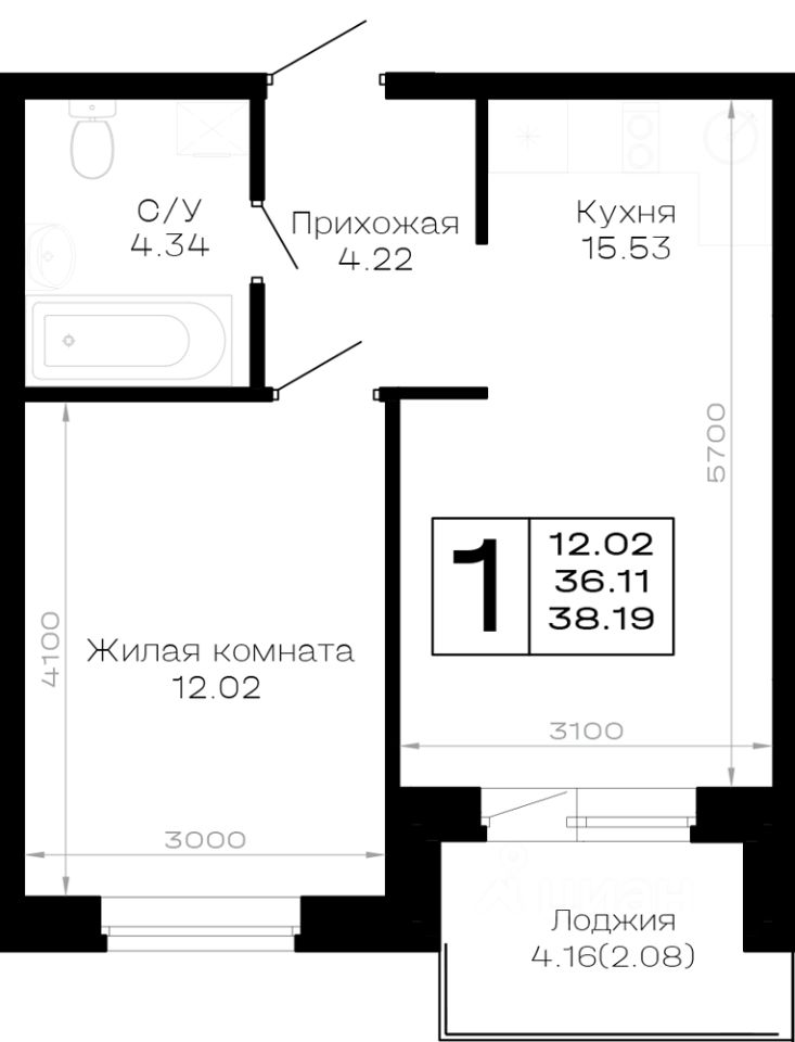 1-комн.кв., 38,2 м², 1/4 этаж