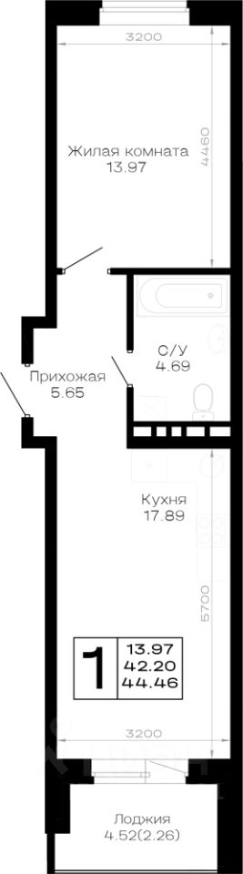 1-комн.кв., 43,7 м², 2/4 этаж