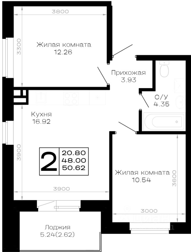 2-комн.кв., 50,6 м², 2/4 этаж