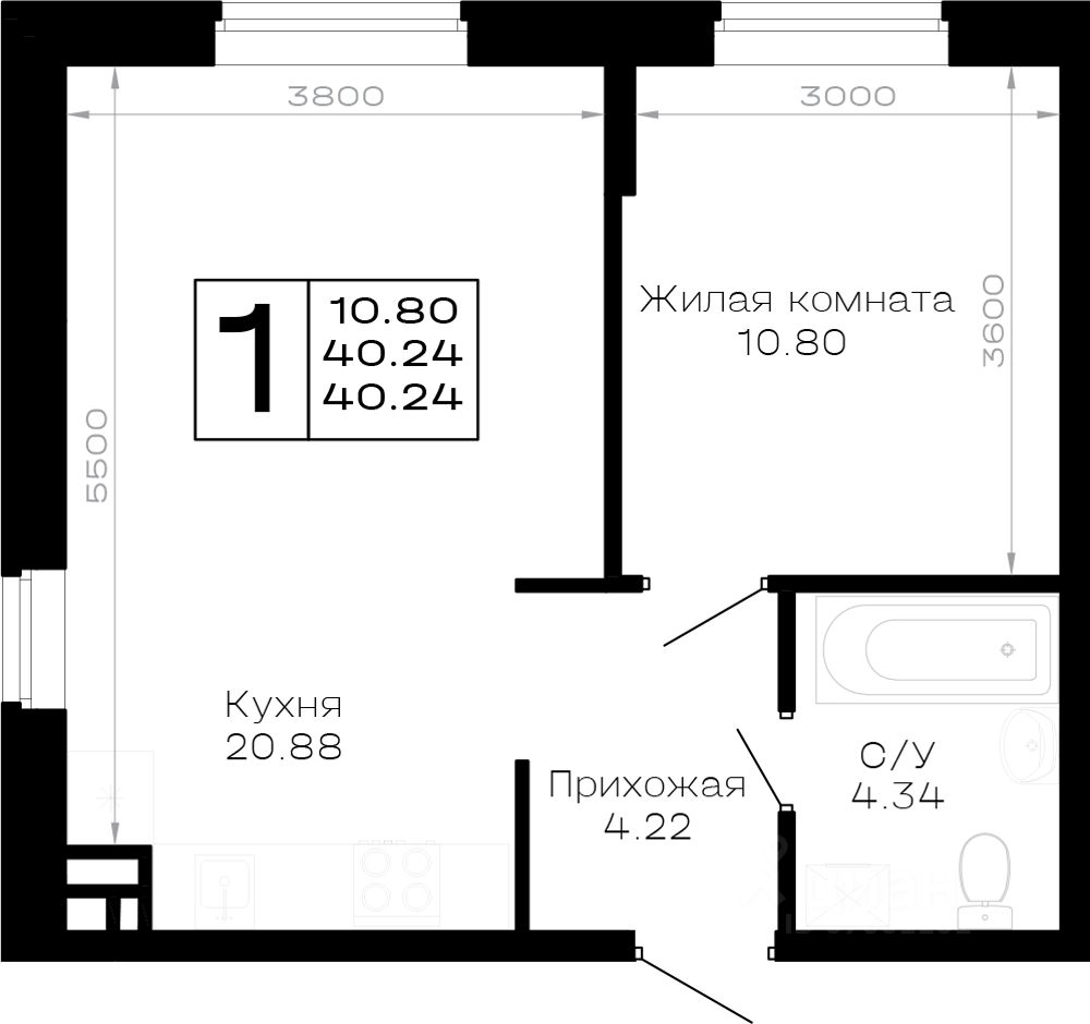 1-комн.кв., 40,2 м², 2/4 этаж