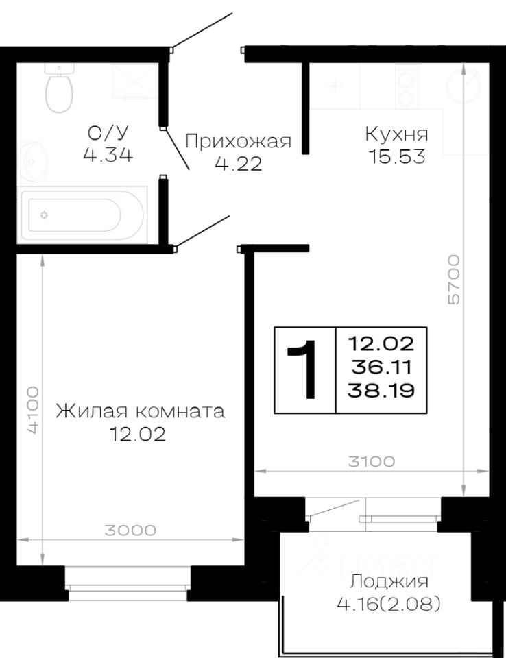 1-комн.кв., 38,2 м², 4/4 этаж
