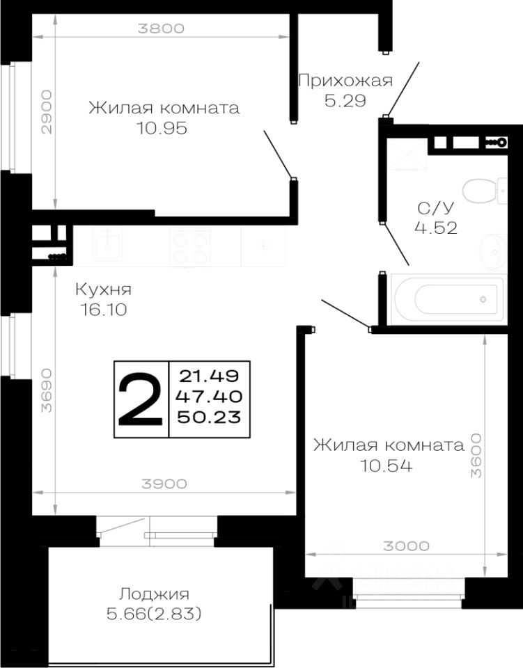 2-комн.кв., 50,2 м², 3/4 этаж