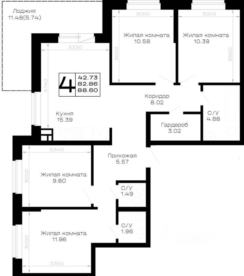 4-комн.кв., 88,6 м², 1/4 этаж