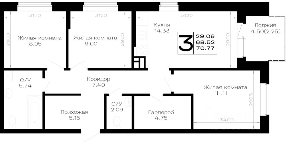 3-комн.кв., 70,8 м², 1/4 этаж