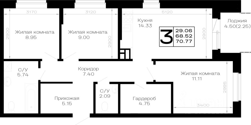 3-комн.кв., 70,8 м², 3/4 этаж