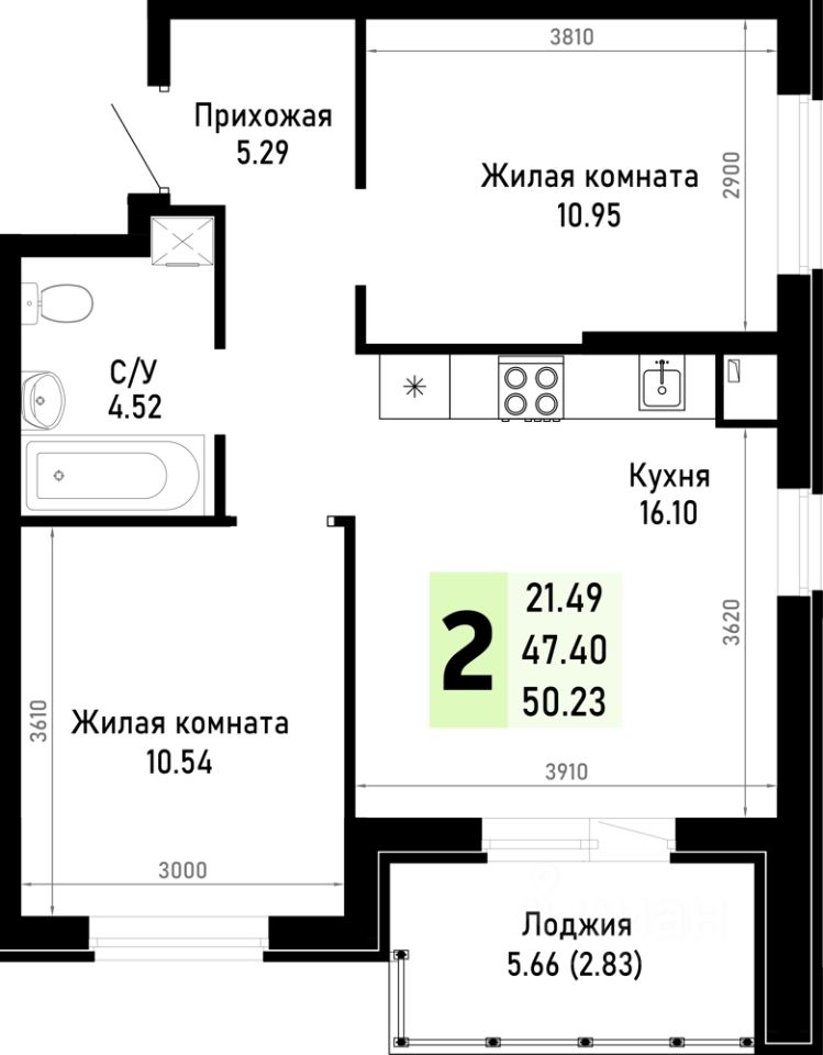 2-комн.кв., 50,2 м², 1/4 этаж