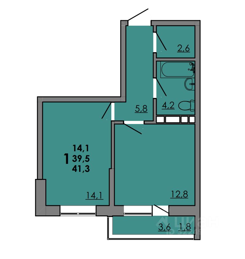 1-комн.кв., 41,3 м², 9/15 этаж