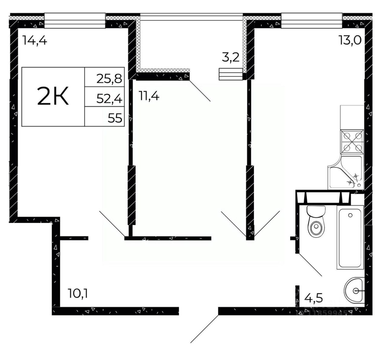 2-комн.кв., 55 м², 13/15 этаж