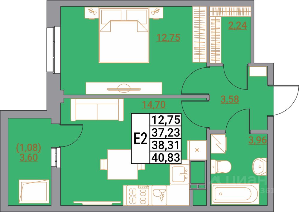 1-комн.кв., 40,8 м², 21/21 этаж