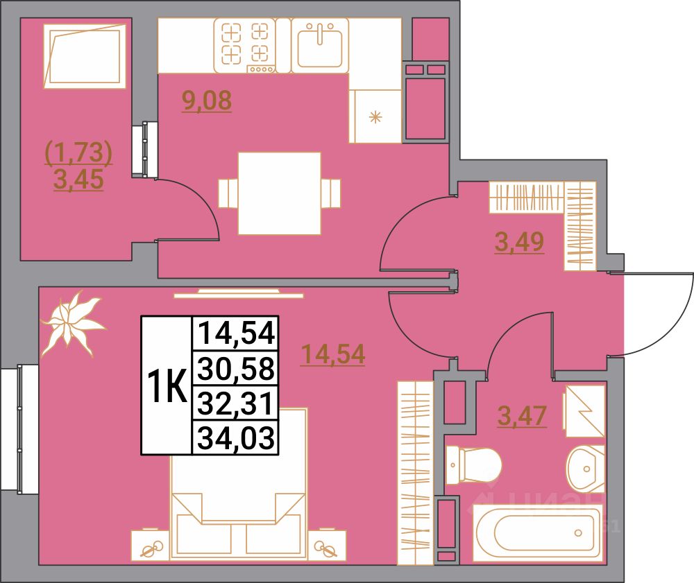1-комн.кв., 34 м², 16/21 этаж
