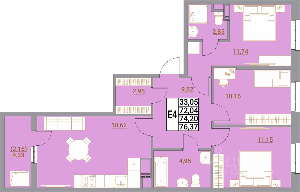3-комн.кв., 76,4 м², 5/21 этаж