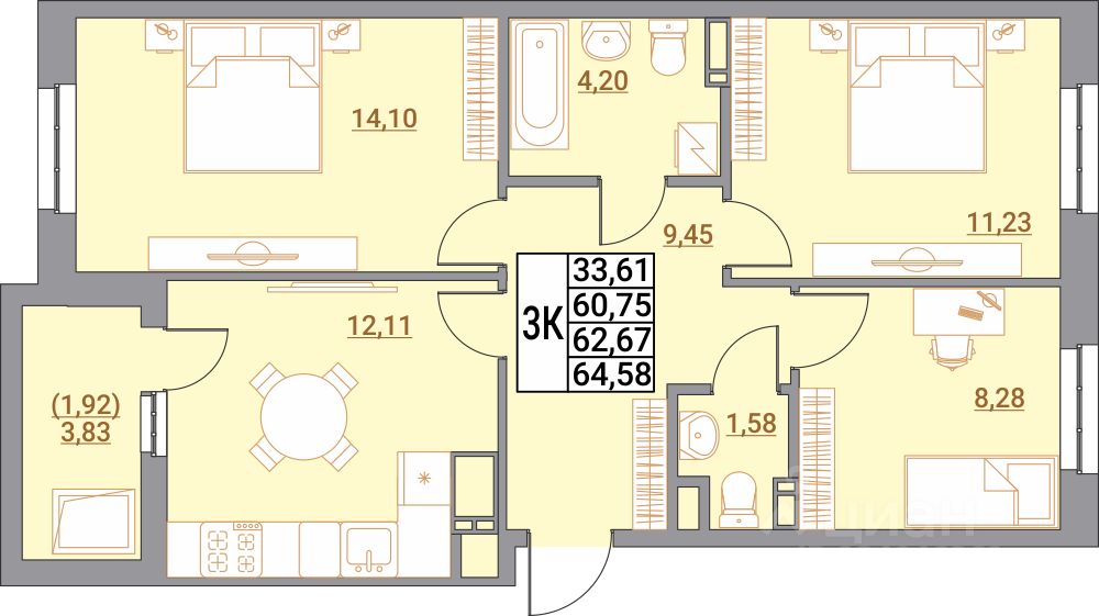 3-комн.кв., 64,6 м², 21/21 этаж