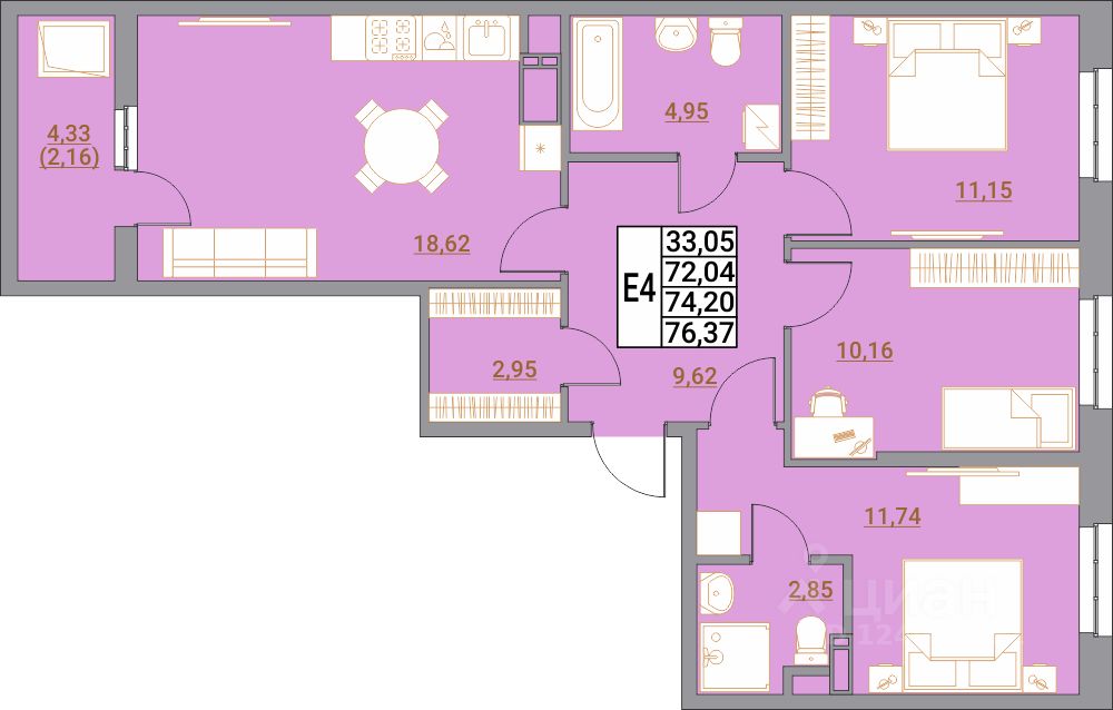 3-комн.кв., 76,4 м², 18/21 этаж