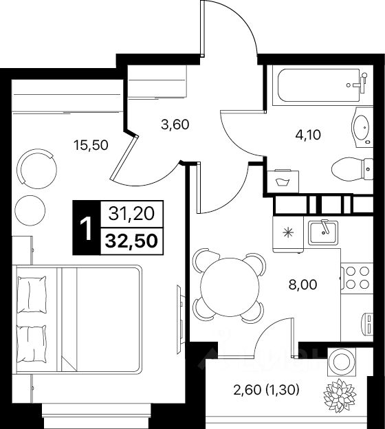 1-комн.кв., 32,5 м², 9/12 этаж