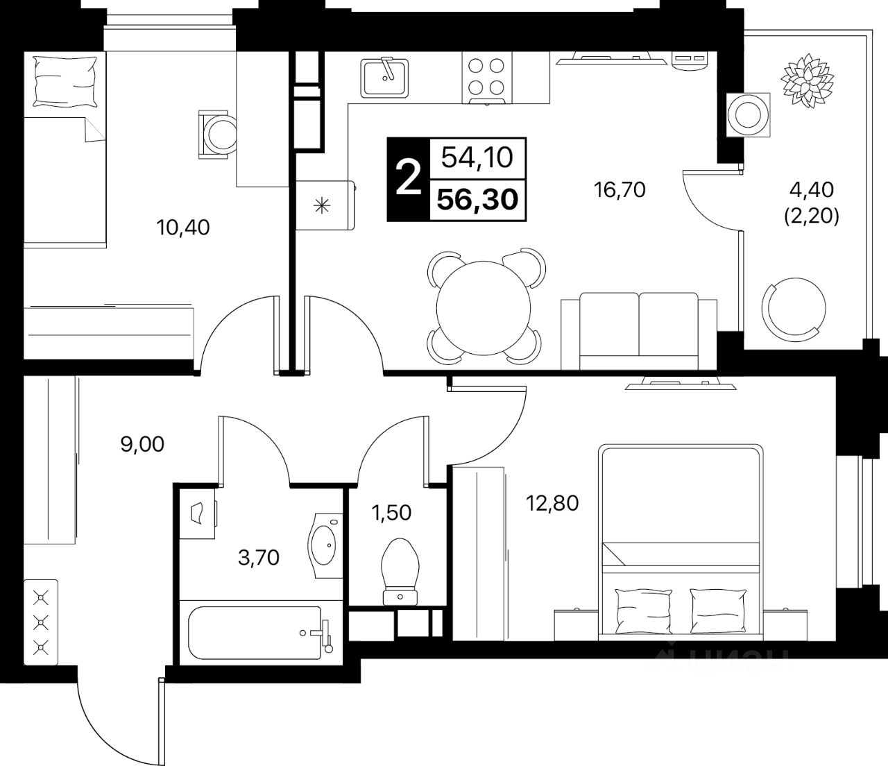 2-комн.кв., 56,3 м², 10/20 этаж