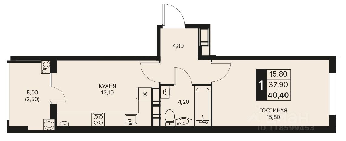 1-комн.кв., 40,4 м², 6/12 этаж